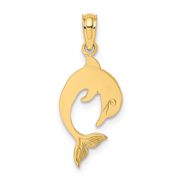 14k Yellow Gold Flat and Polished Mini Dolphin Nautical Necklace Charm Pendant